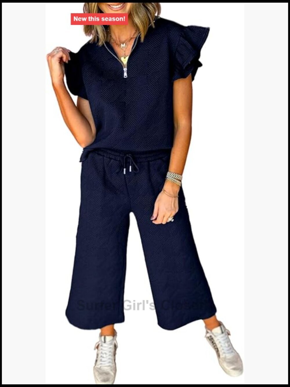 2 Piece Lounge Set - V Neck Collared Ruffle Top with Pullover and Pants